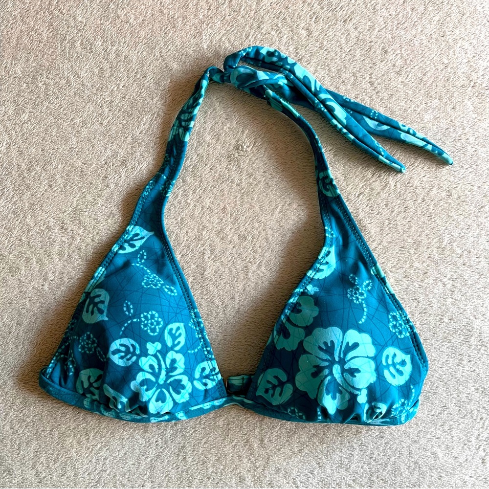 Hibiscus halter flower aqua blue bikini top - Small